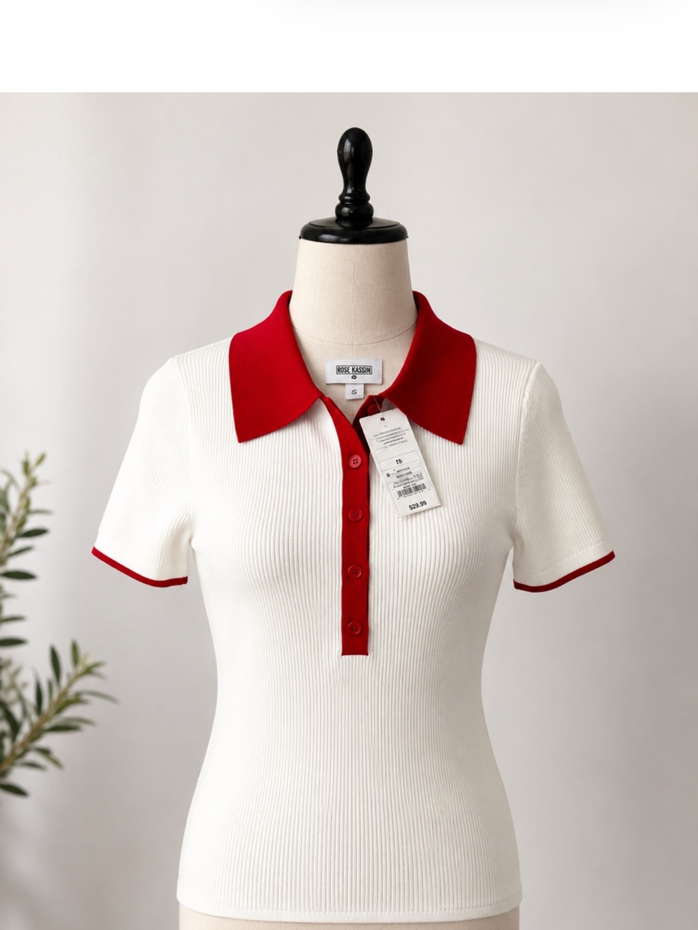 Rosie Assoulin White Ribbed Polo Top with Red Collar and Trim